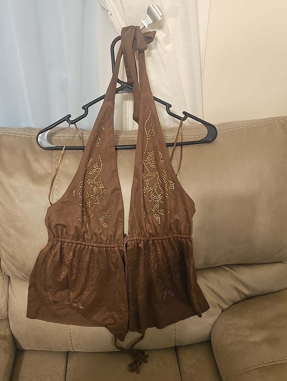Moa Moa Brown Halter Camisole with Studded Floral Accents